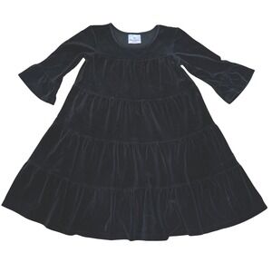 Hanna Andersson Tiered Dress Black Velour Girls Size 110/5 Bell 3/4 Sleeve